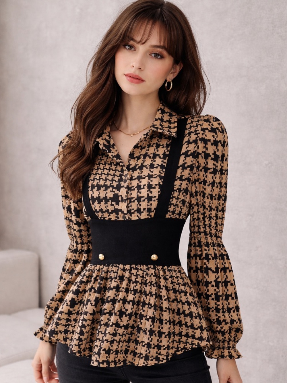 Zara Black and Tan Puff Sleeve Blouse